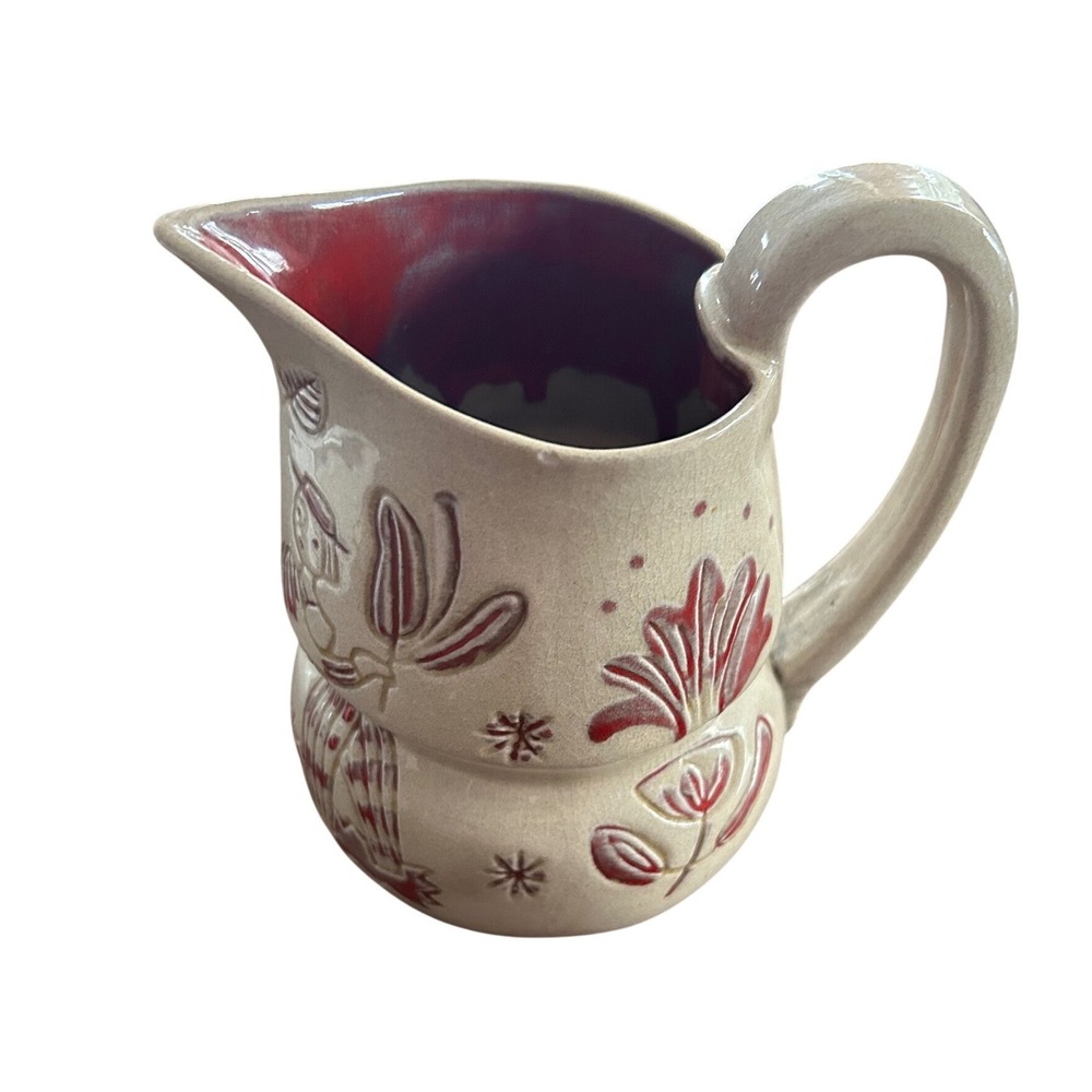 Gleason California Galagi Ware Ceramic Pitcher Red Folk Art Figures Flowers